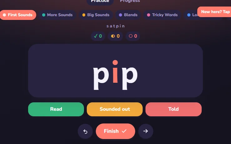 Satpin: the word 'pip' on a card, with Read, Sounded out and Told buttons below.