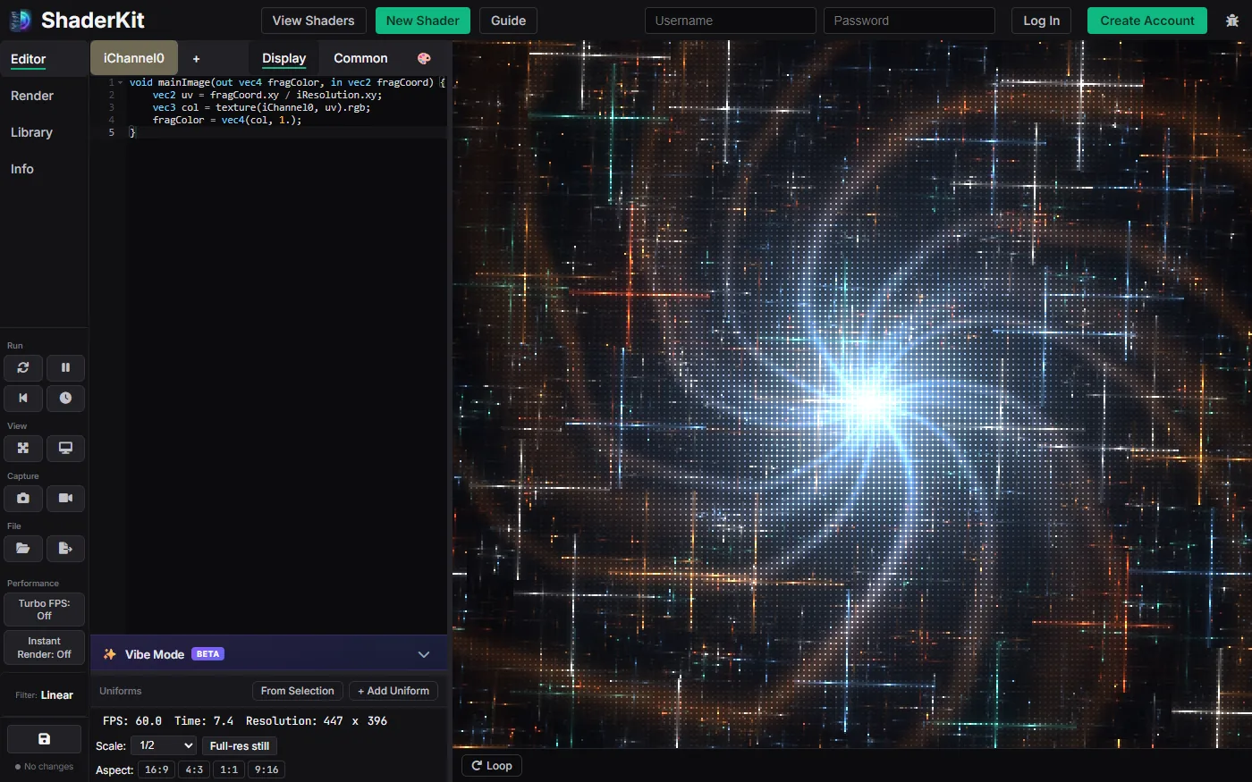 ShaderKit's editor: GLSL code on the left, a live render of a spiral nebula shader on the right.